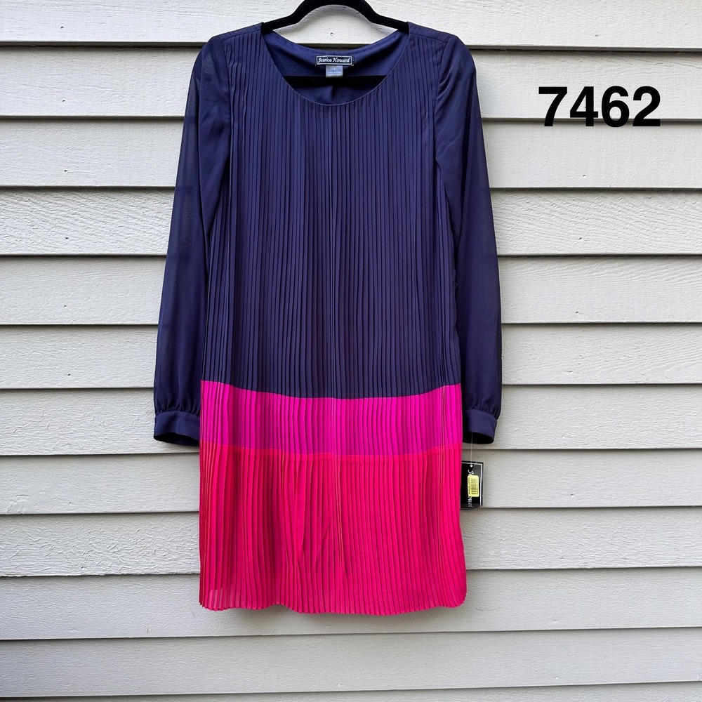 Jessica Howard Navy Pink Colorblock Pleated Shift Dress Long Sleeve 6 NWT